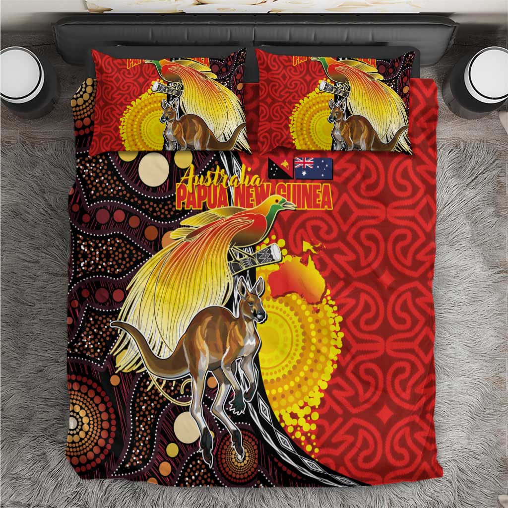 Australia and Papua New Guinea Together Bedding Set Bird-of-paradise and Kangaroo with Oro Tapa and Aboriginal Art Motifs - Polynesian Pride