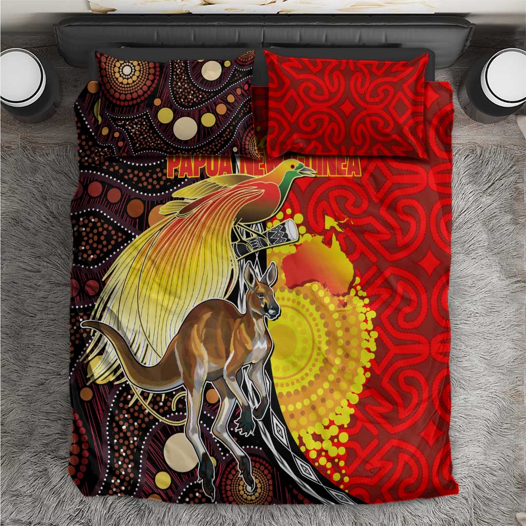 Australia and Papua New Guinea Together Bedding Set Bird-of-paradise and Kangaroo with Oro Tapa and Aboriginal Art Motifs - Polynesian Pride