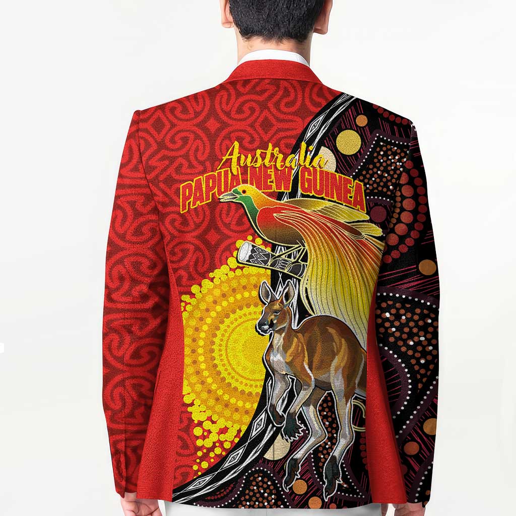 Australia and Papua New Guinea Together Blazer Bird-of-paradise and Kangaroo with Oro Tapa and Aboriginal Art Motifs - Polynesian Pride