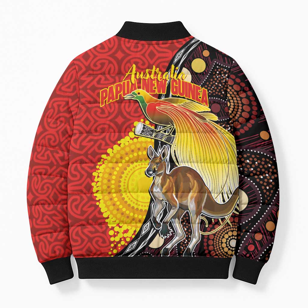 Australia and Papua New Guinea Together Bomber Puffer Jacket Bird-of-paradise and Kangaroo with Oro Tapa and Aboriginal Art Motifs - Polynesian Pride