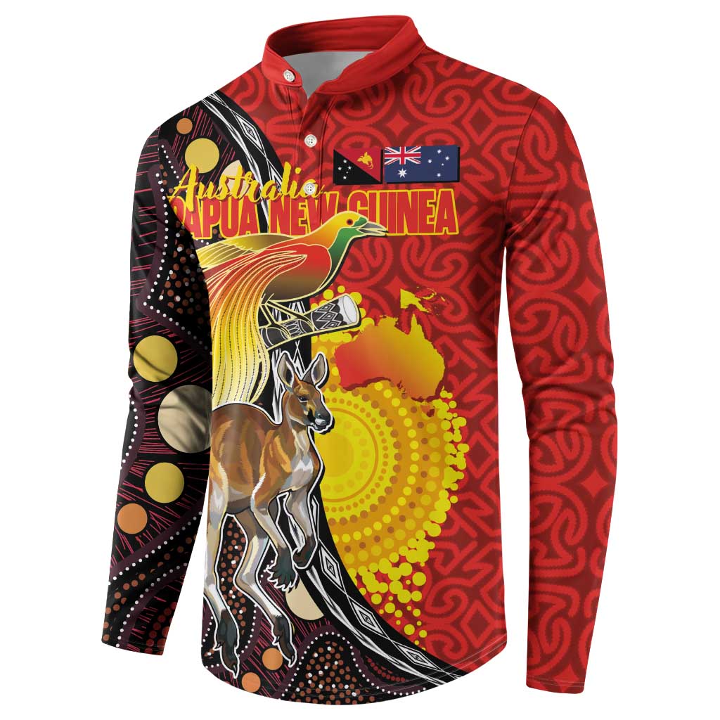 Australia and Papua New Guinea Together Button Sweatshirt Bird-of-paradise and Kangaroo with Oro Tapa and Aboriginal Art Motifs - Polynesian Pride
