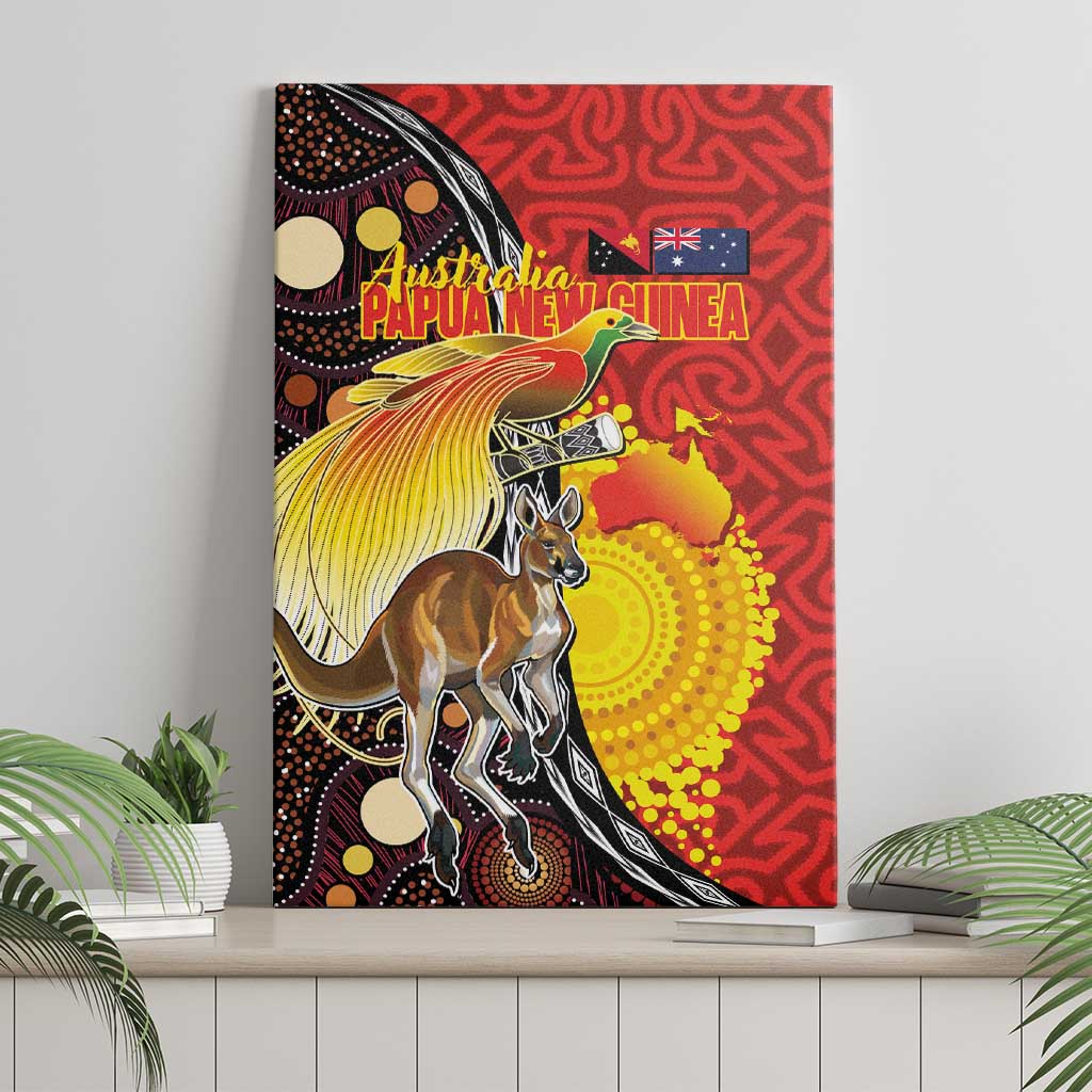 Australia and Papua New Guinea Together Canvas Wall Art Bird-of-paradise and Kangaroo with Oro Tapa and Aboriginal Art Motifs - Polynesian Pride
