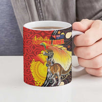 Australia and Papua New Guinea Together Ceramic Mug Bird-of-paradise and Kangaroo with Oro Tapa and Aboriginal Art Motifs - Polynesian Pride