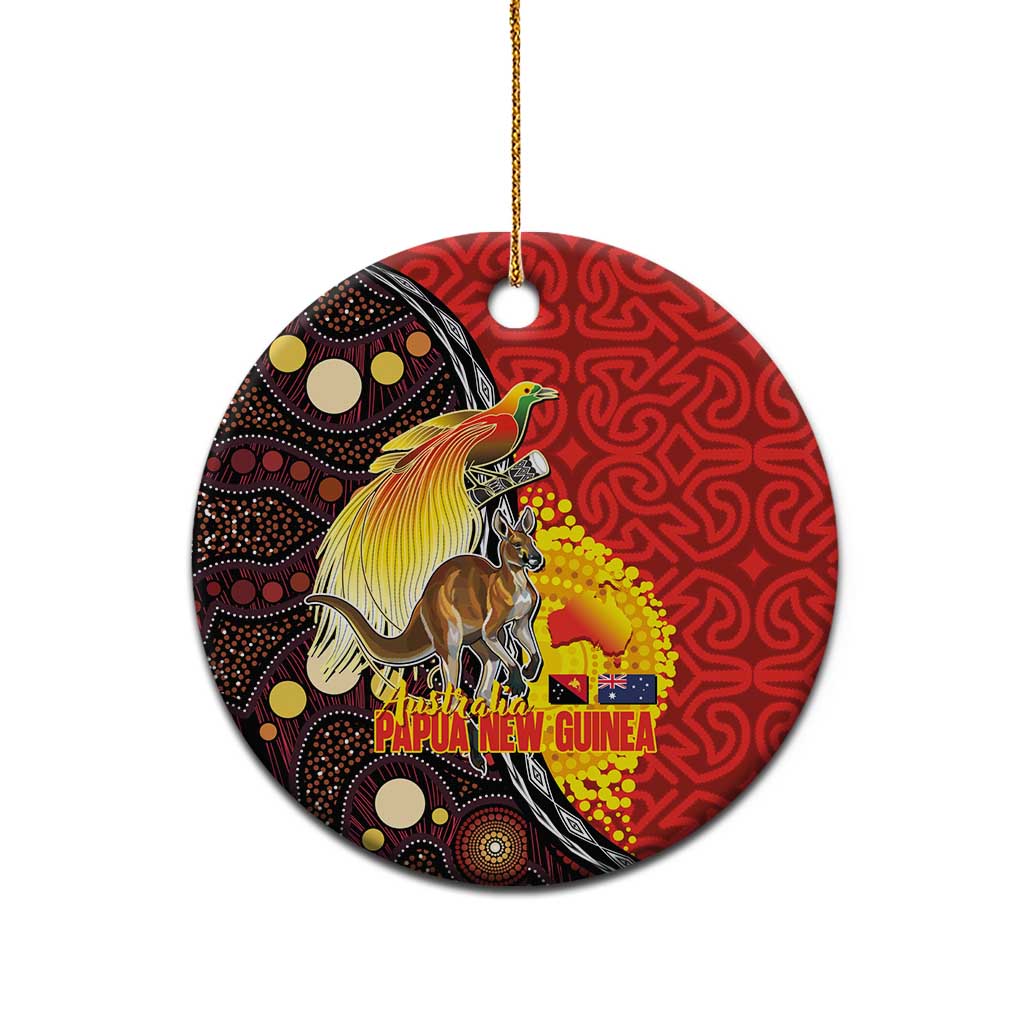 Australia and Papua New Guinea Together Ceramic Ornament Bird-of-paradise and Kangaroo with Oro Tapa and Aboriginal Art Motifs - Polynesian Pride
