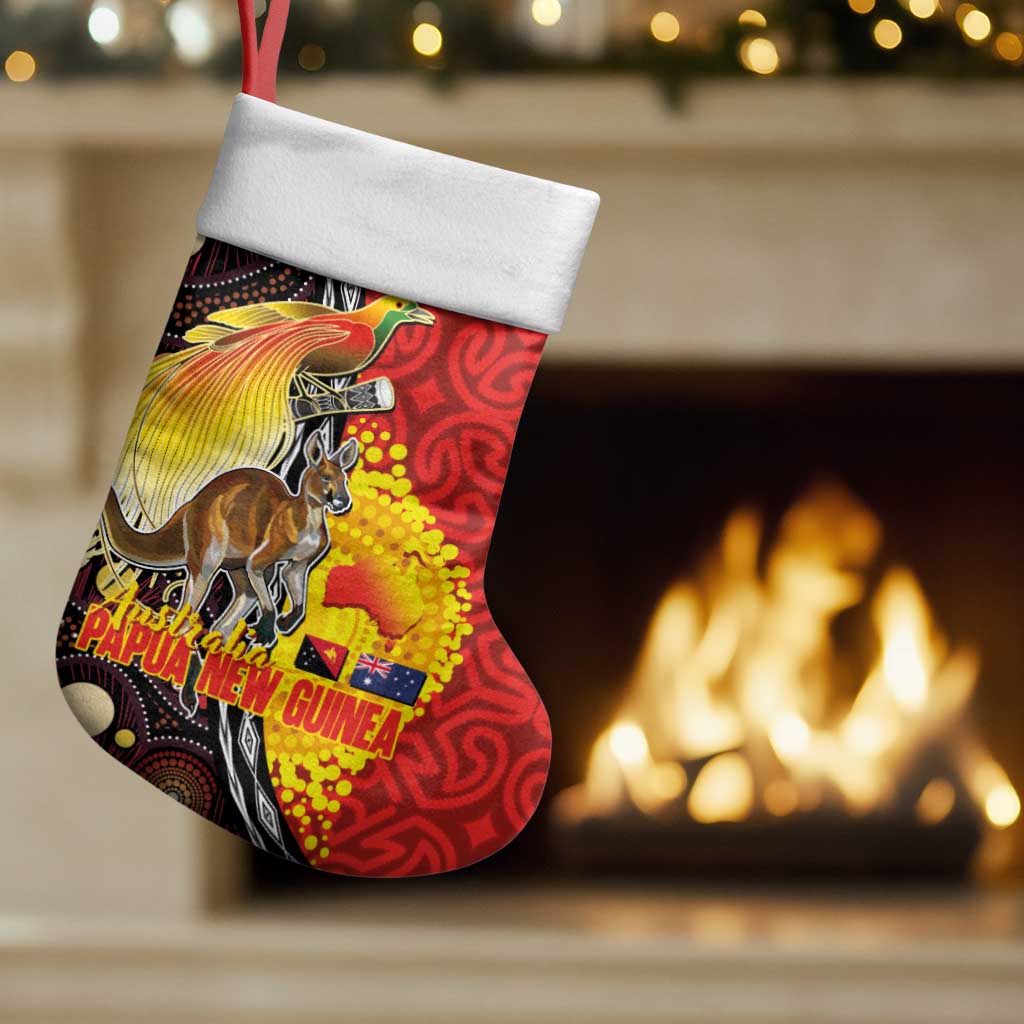 Australia and Papua New Guinea Together Christmas Stocking Bird-of-paradise and Kangaroo with Oro Tapa and Aboriginal Art Motifs - Polynesian Pride