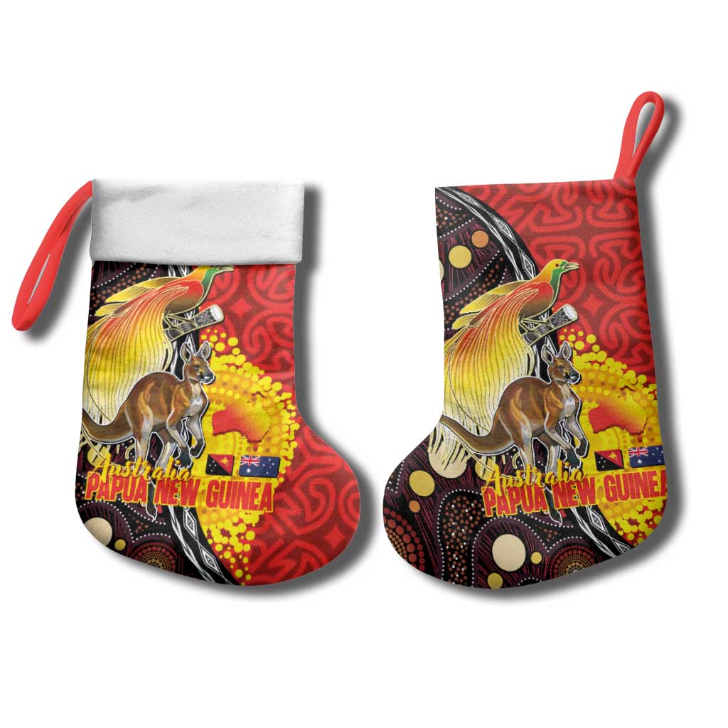 Australia and Papua New Guinea Together Christmas Stocking Bird-of-paradise and Kangaroo with Oro Tapa and Aboriginal Art Motifs - Polynesian Pride