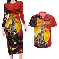 Australia and Papua New Guinea Together Couples Matching Long Sleeve Bodycon Dress and Hawaiian Shirt Bird-of-paradise and Kangaroo with Oro Tapa and Aboriginal Art Motifs - Polynesian Pride