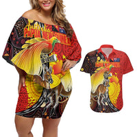 Australia and Papua New Guinea Together Couples Matching Off Shoulder Short Dress and Hawaiian Shirt Bird-of-paradise and Kangaroo with Oro Tapa and Aboriginal Art Motifs - Polynesian Pride