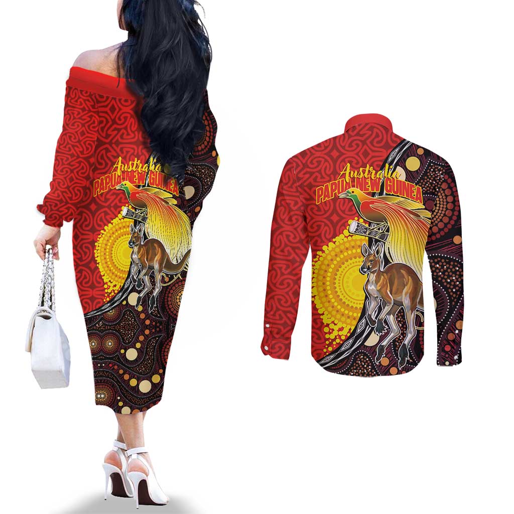 Australia and Papua New Guinea Together Couples Matching Off The Shoulder Long Sleeve Dress and Long Sleeve Button Shirt Bird-of-paradise and Kangaroo with Oro Tapa and Aboriginal Art Motifs - Polynesian Pride