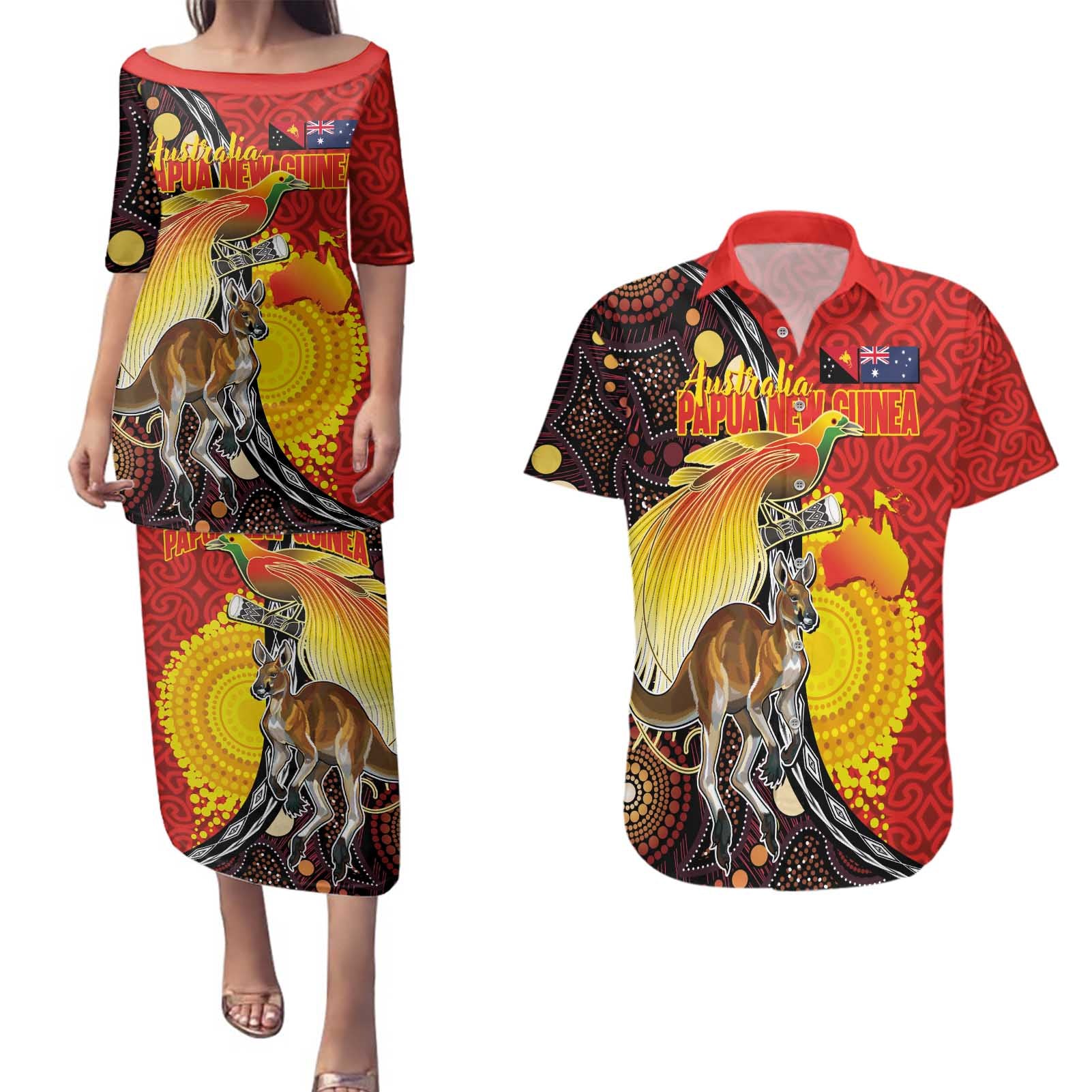 Australia and Papua New Guinea Together Couples Matching Puletasi and Hawaiian Shirt Bird-of-paradise and Kangaroo with Oro Tapa and Aboriginal Art Motifs - Polynesian Pride