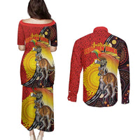 Australia and Papua New Guinea Together Couples Matching Puletasi and Long Sleeve Button Shirt Bird-of-paradise and Kangaroo with Oro Tapa and Aboriginal Art Motifs - Polynesian Pride