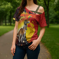 Australia and Papua New Guinea Together Cross Shoulder Shirt Bird-of-paradise and Kangaroo with Oro Tapa and Aboriginal Art Motifs - Polynesian Pride