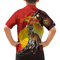 Australia and Papua New Guinea Together Family Matching Off The Shoulder Long Sleeve Dress and Hawaiian Shirt Bird-of-paradise and Kangaroo with Oro Tapa and Aboriginal Art Motifs - Polynesian Pride