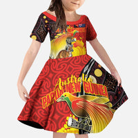 Australia and Papua New Guinea Together Family Matching Off The Shoulder Long Sleeve Dress and Hawaiian Shirt Bird-of-paradise and Kangaroo with Oro Tapa and Aboriginal Art Motifs - Polynesian Pride