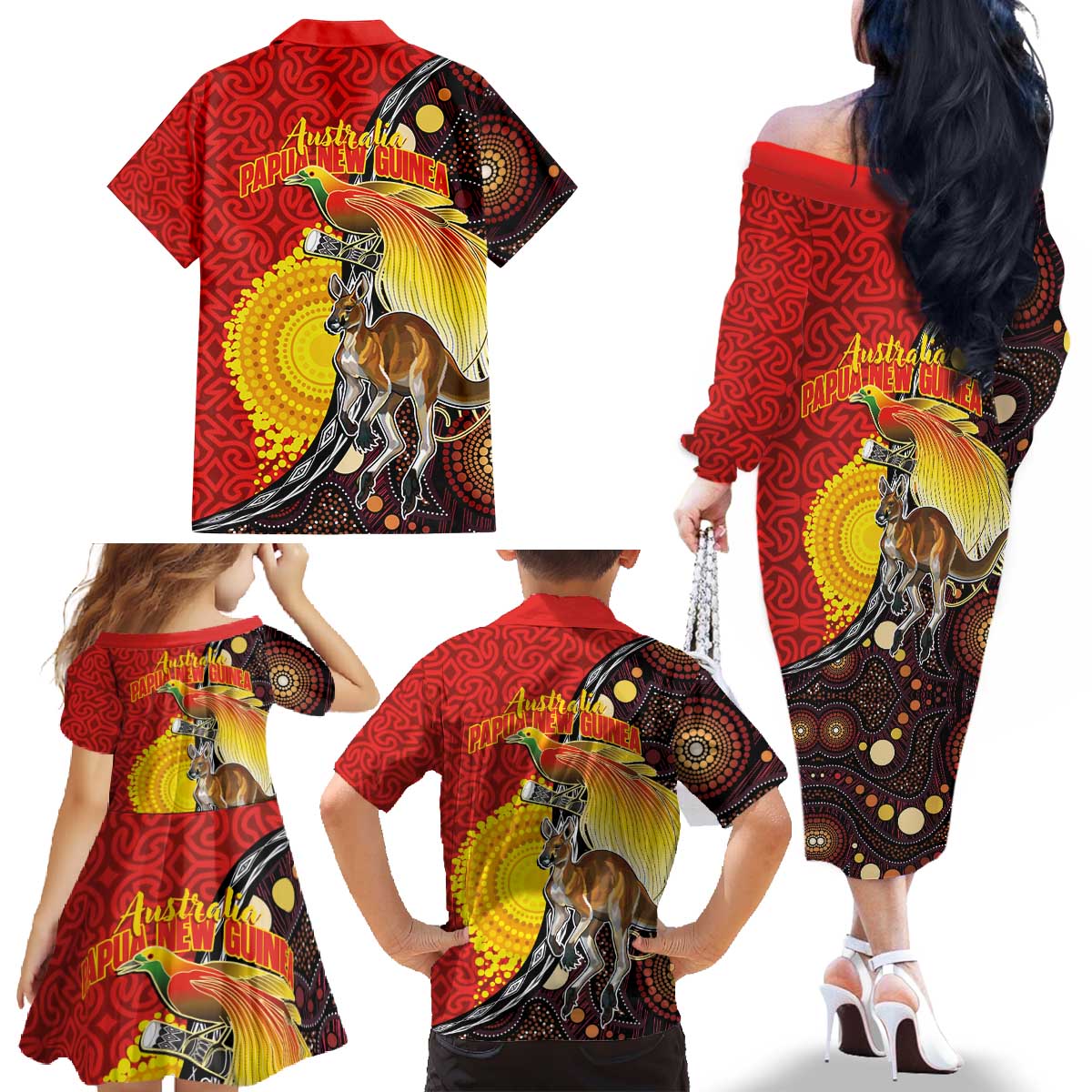 Australia and Papua New Guinea Together Family Matching Off The Shoulder Long Sleeve Dress and Hawaiian Shirt Bird-of-paradise and Kangaroo with Oro Tapa and Aboriginal Art Motifs - Polynesian Pride