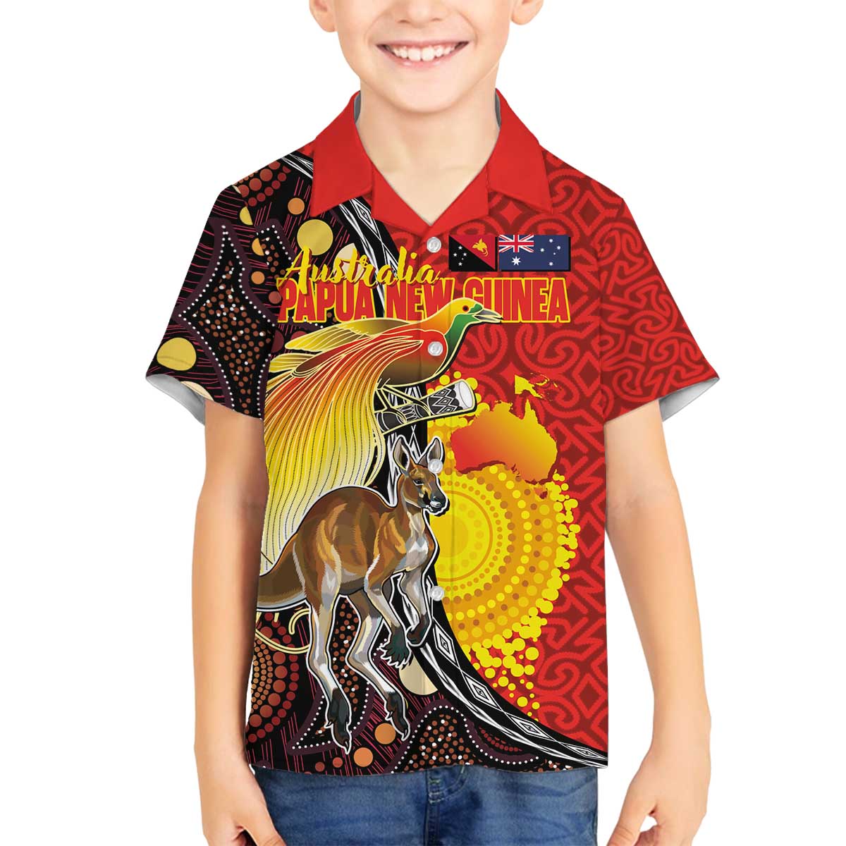 Australia and Papua New Guinea Together Family Matching Off The Shoulder Long Sleeve Dress and Hawaiian Shirt Bird-of-paradise and Kangaroo with Oro Tapa and Aboriginal Art Motifs - Polynesian Pride