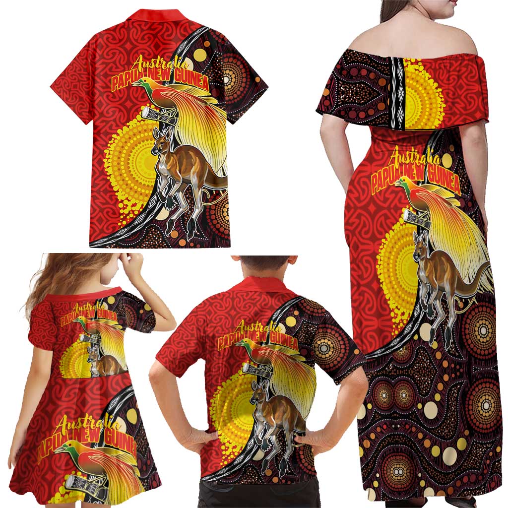 Australia and Papua New Guinea Together Family Matching Off Shoulder Maxi Dress and Hawaiian Shirt Bird-of-paradise and Kangaroo with Oro Tapa and Aboriginal Art Motifs - Polynesian Pride