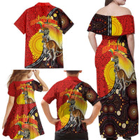 Australia and Papua New Guinea Together Family Matching Off Shoulder Maxi Dress and Hawaiian Shirt Bird-of-paradise and Kangaroo with Oro Tapa and Aboriginal Art Motifs - Polynesian Pride