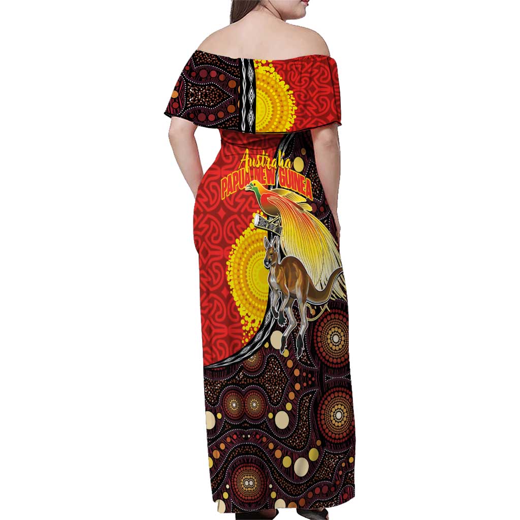 Australia and Papua New Guinea Together Family Matching Off Shoulder Maxi Dress and Hawaiian Shirt Bird-of-paradise and Kangaroo with Oro Tapa and Aboriginal Art Motifs - Polynesian Pride
