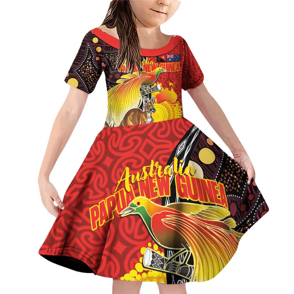 Australia and Papua New Guinea Together Family Matching Off Shoulder Short Dress and Hawaiian Shirt Bird-of-paradise and Kangaroo with Oro Tapa and Aboriginal Art Motifs - Polynesian Pride