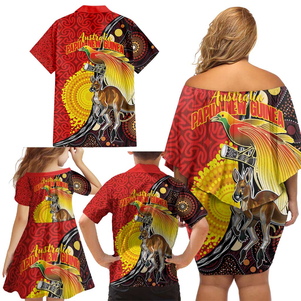 Australia and Papua New Guinea Together Family Matching Off Shoulder Short Dress and Hawaiian Shirt Bird-of-paradise and Kangaroo with Oro Tapa and Aboriginal Art Motifs - Polynesian Pride