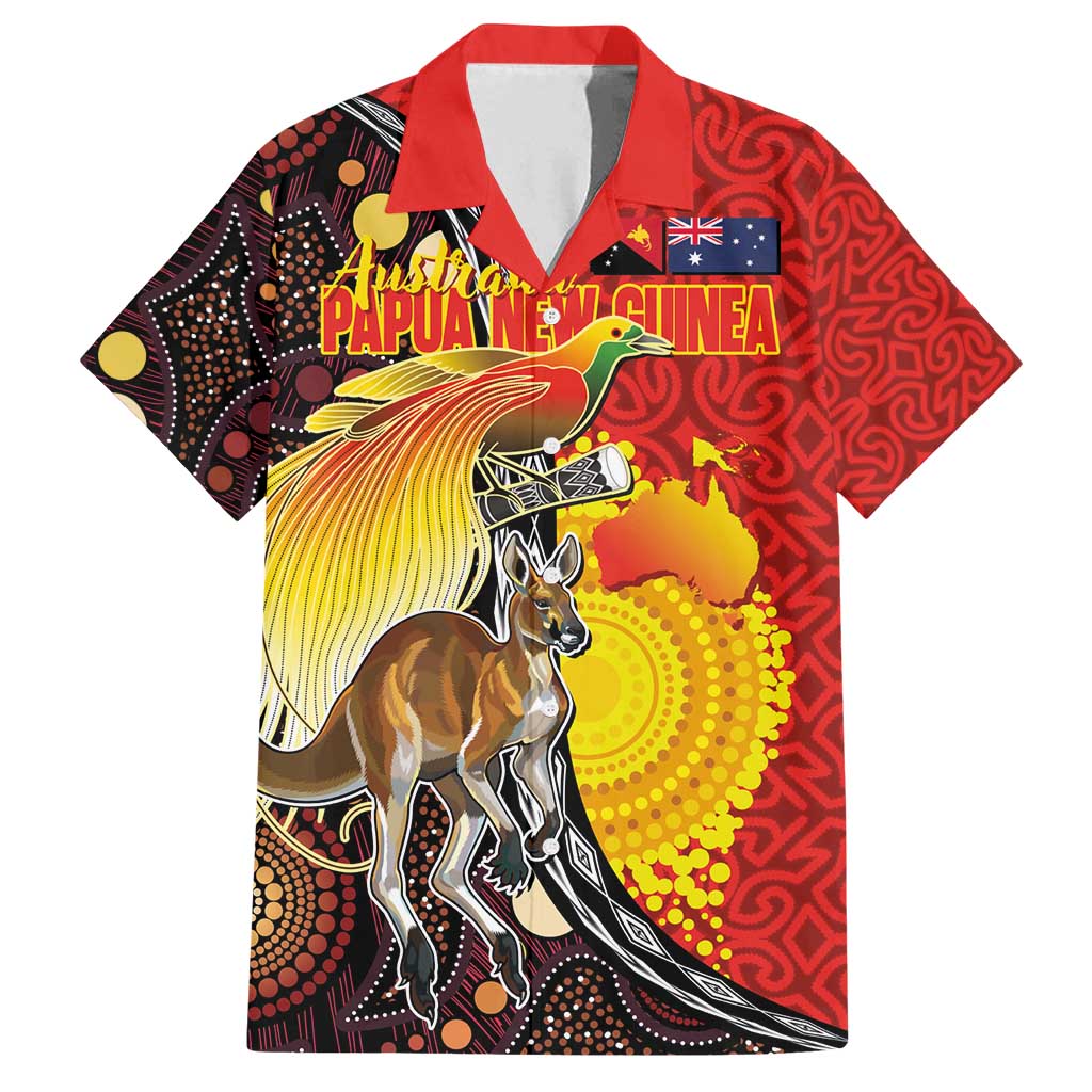 Australia and Papua New Guinea Together Family Matching Off Shoulder Short Dress and Hawaiian Shirt Bird-of-paradise and Kangaroo with Oro Tapa and Aboriginal Art Motifs - Polynesian Pride
