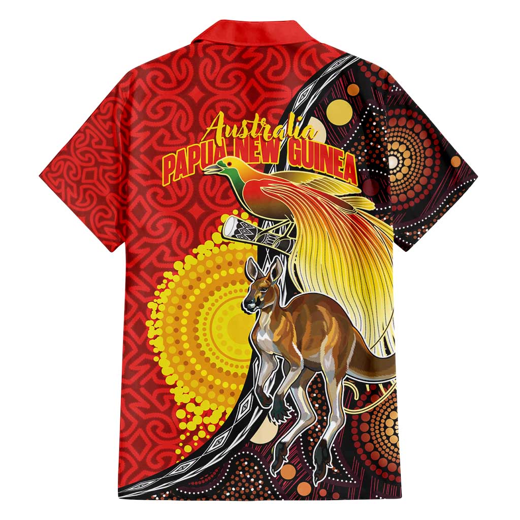 Australia and Papua New Guinea Together Family Matching Off Shoulder Short Dress and Hawaiian Shirt Bird-of-paradise and Kangaroo with Oro Tapa and Aboriginal Art Motifs - Polynesian Pride