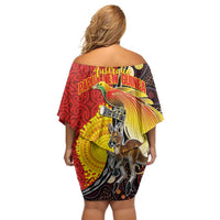 Australia and Papua New Guinea Together Family Matching Off Shoulder Short Dress and Hawaiian Shirt Bird-of-paradise and Kangaroo with Oro Tapa and Aboriginal Art Motifs - Polynesian Pride