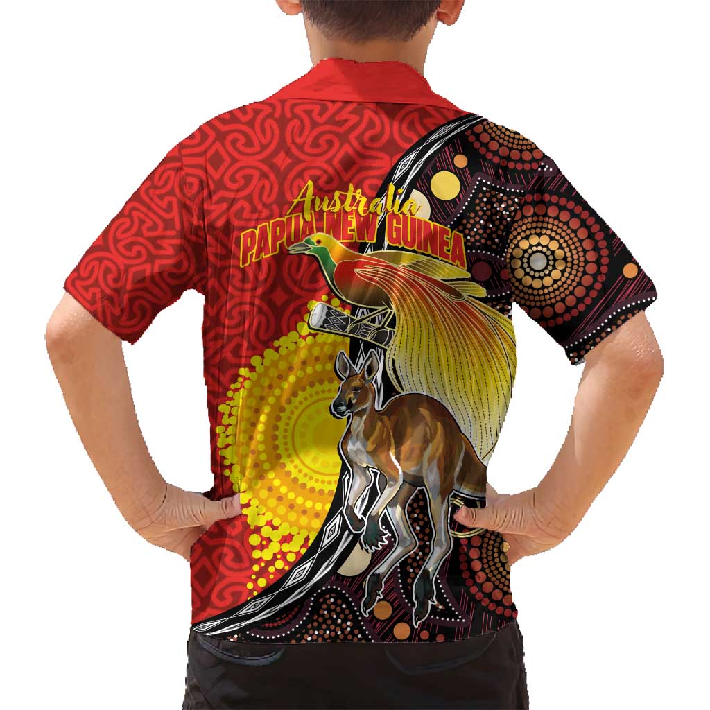 Australia and Papua New Guinea Together Family Matching Puletasi and Hawaiian Shirt Bird-of-paradise and Kangaroo with Oro Tapa and Aboriginal Art Motifs - Polynesian Pride