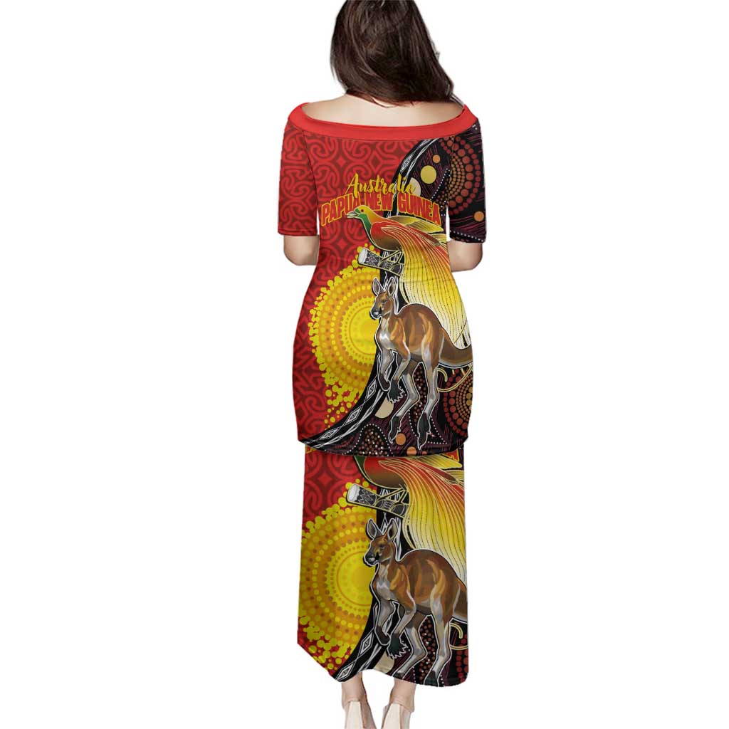 Australia and Papua New Guinea Together Family Matching Puletasi and Hawaiian Shirt Bird-of-paradise and Kangaroo with Oro Tapa and Aboriginal Art Motifs - Polynesian Pride