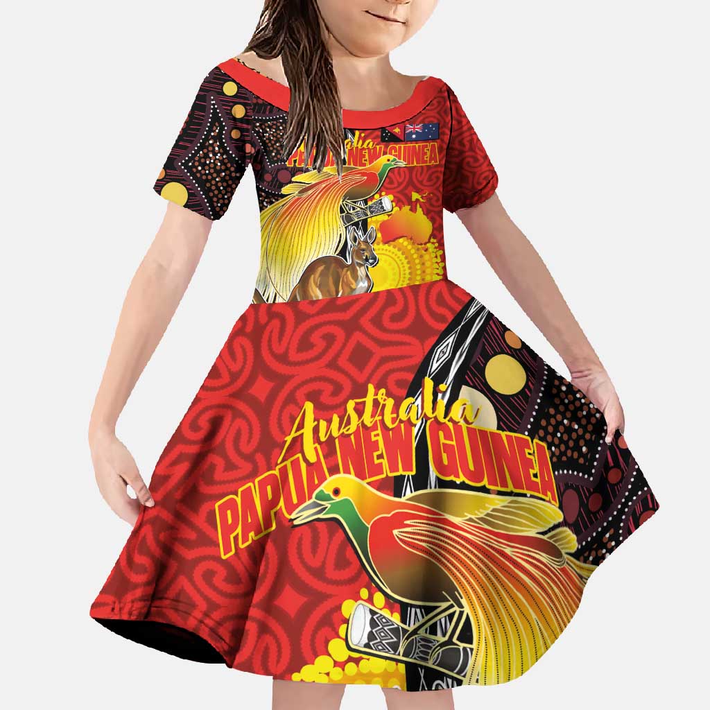 Australia and Papua New Guinea Together Family Matching Short Sleeve Bodycon Dress and Hawaiian Shirt Bird-of-paradise and Kangaroo with Oro Tapa and Aboriginal Art Motifs - Polynesian Pride
