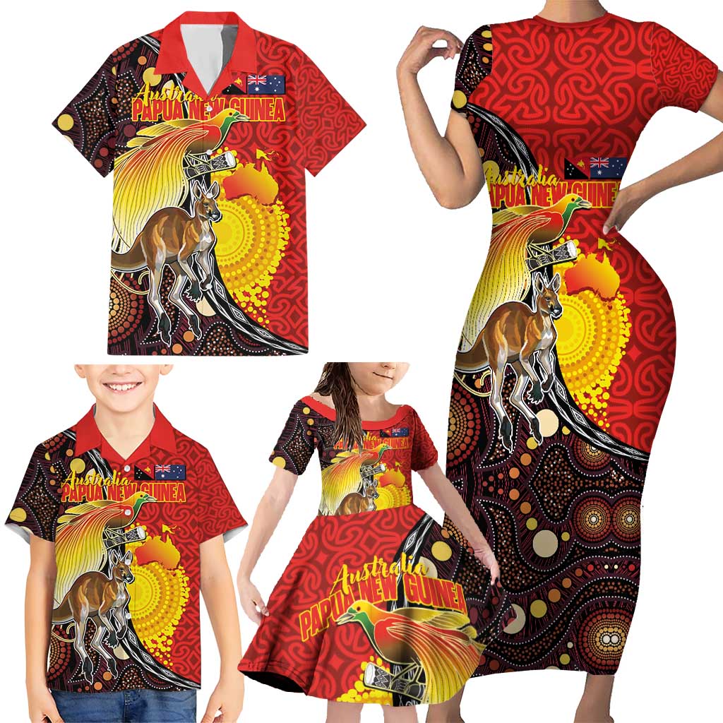 Australia and Papua New Guinea Together Family Matching Short Sleeve Bodycon Dress and Hawaiian Shirt Bird-of-paradise and Kangaroo with Oro Tapa and Aboriginal Art Motifs - Polynesian Pride