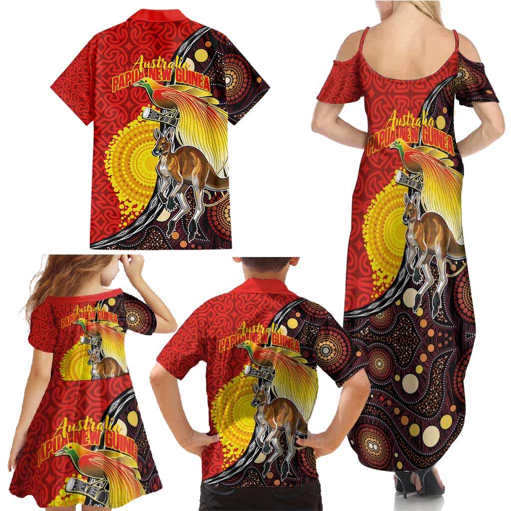 Australia and Papua New Guinea Together Family Matching Summer Maxi Dress and Hawaiian Shirt Bird-of-paradise and Kangaroo with Oro Tapa and Aboriginal Art Motifs - Polynesian Pride