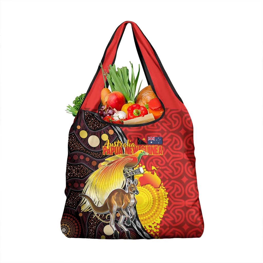 Australia and Papua New Guinea Together Grocery Bag Bird-of-paradise and Kangaroo with Oro Tapa and Aboriginal Art Motifs - Polynesian Pride