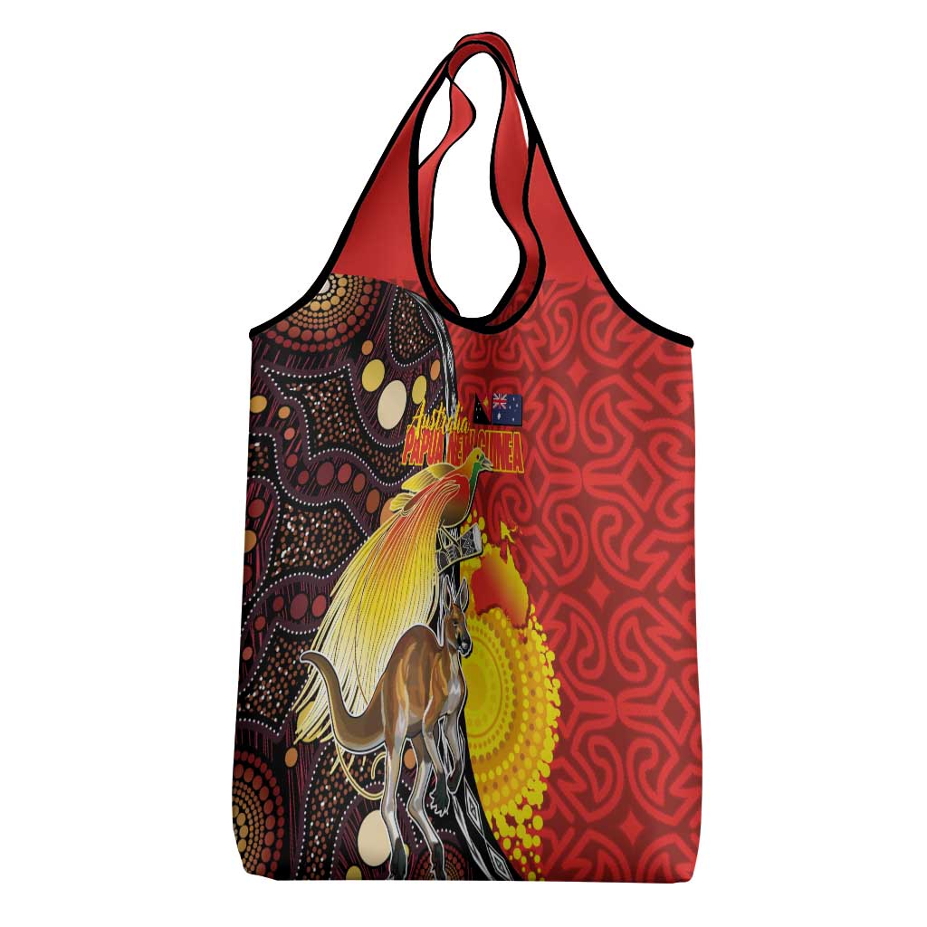 Australia and Papua New Guinea Together Grocery Bag Bird-of-paradise and Kangaroo with Oro Tapa and Aboriginal Art Motifs - Polynesian Pride