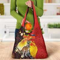 Australia and Papua New Guinea Together Grocery Bag Bird-of-paradise and Kangaroo with Oro Tapa and Aboriginal Art Motifs - Polynesian Pride
