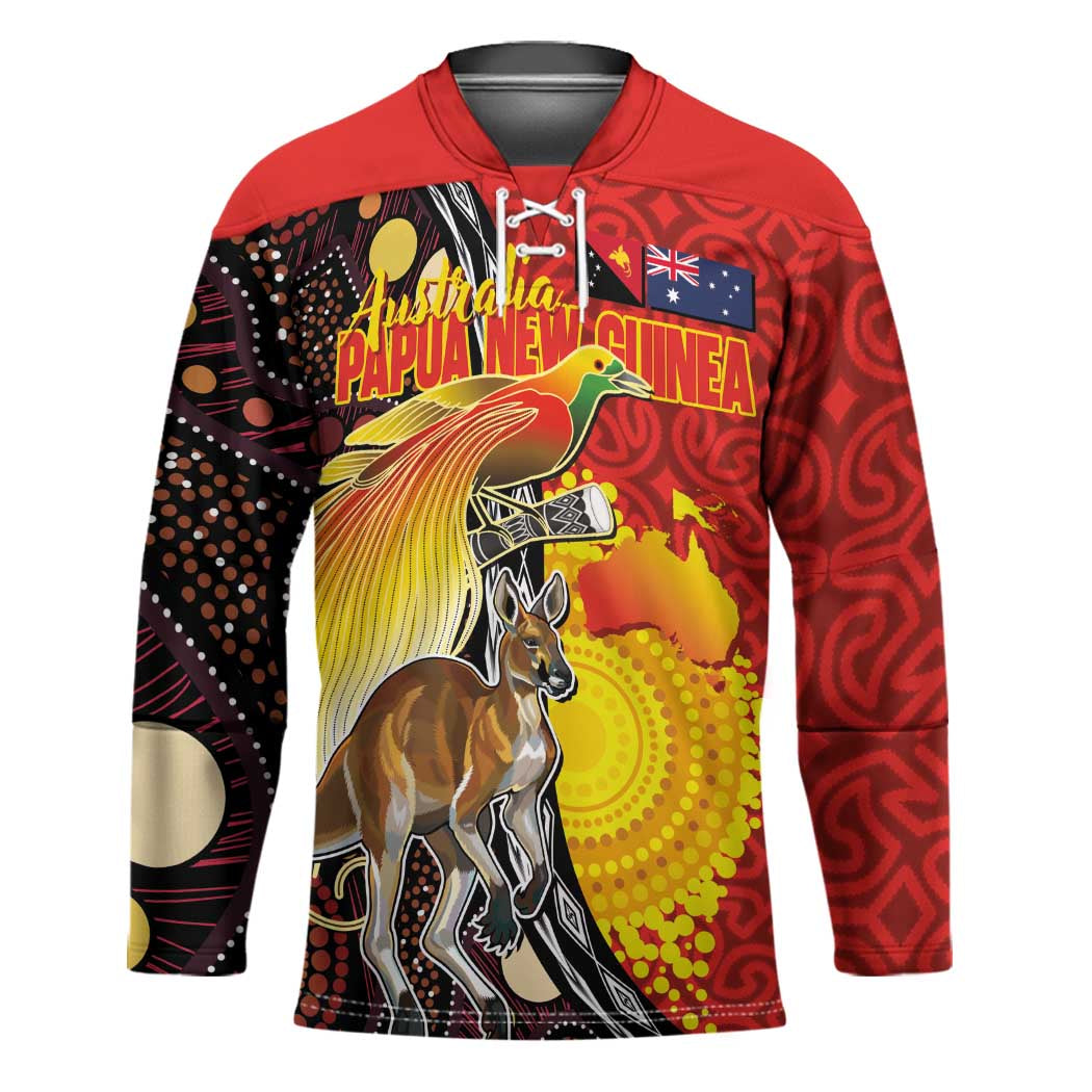 Australia and Papua New Guinea Together Hockey Jersey Bird-of-paradise and Kangaroo with Oro Tapa and Aboriginal Art Motifs - Polynesian Pride