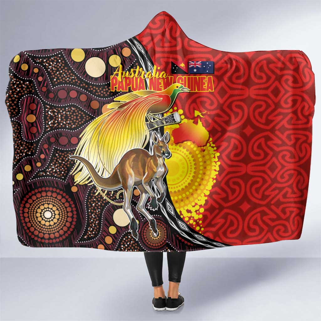 Australia and Papua New Guinea Together Hooded Blanket Bird-of-paradise and Kangaroo with Oro Tapa and Aboriginal Art Motifs - Polynesian Pride