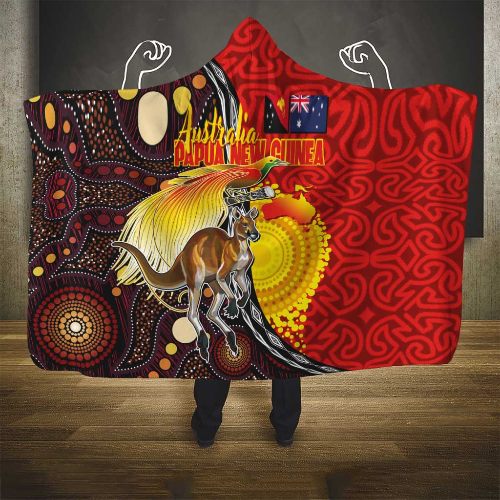 Australia and Papua New Guinea Together Hooded Blanket Bird-of-paradise and Kangaroo with Oro Tapa and Aboriginal Art Motifs - Polynesian Pride