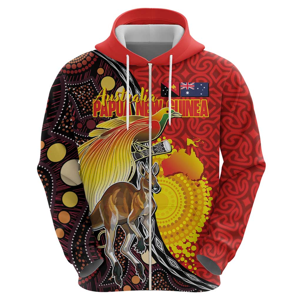 Australia and Papua New Guinea Together Hoodie Bird-of-paradise and Kangaroo with Oro Tapa and Aboriginal Art Motifs - Polynesian Pride