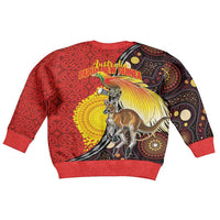 Australia and Papua New Guinea Together Kid Ugly Christmas Sweater Bird-of-paradise and Kangaroo with Oro Tapa and Aboriginal Art Motifs - Polynesian Pride