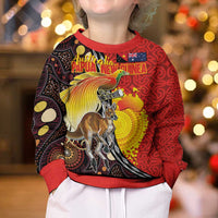 Australia and Papua New Guinea Together Kid Ugly Christmas Sweater Bird-of-paradise and Kangaroo with Oro Tapa and Aboriginal Art Motifs - Polynesian Pride