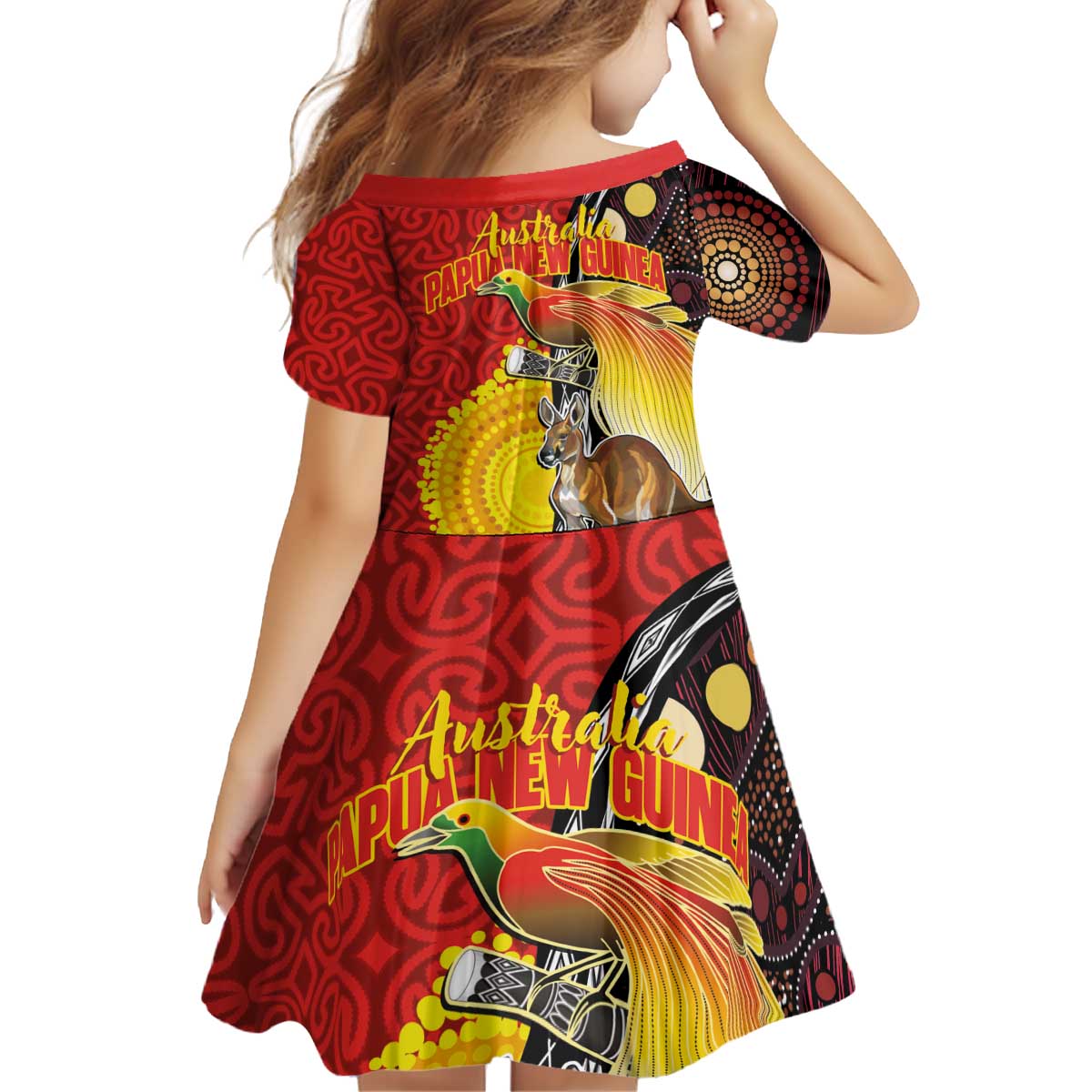 Australia and Papua New Guinea Together Kid Short Sleeve Dress Bird-of-paradise and Kangaroo with Oro Tapa and Aboriginal Art Motifs - Polynesian Pride