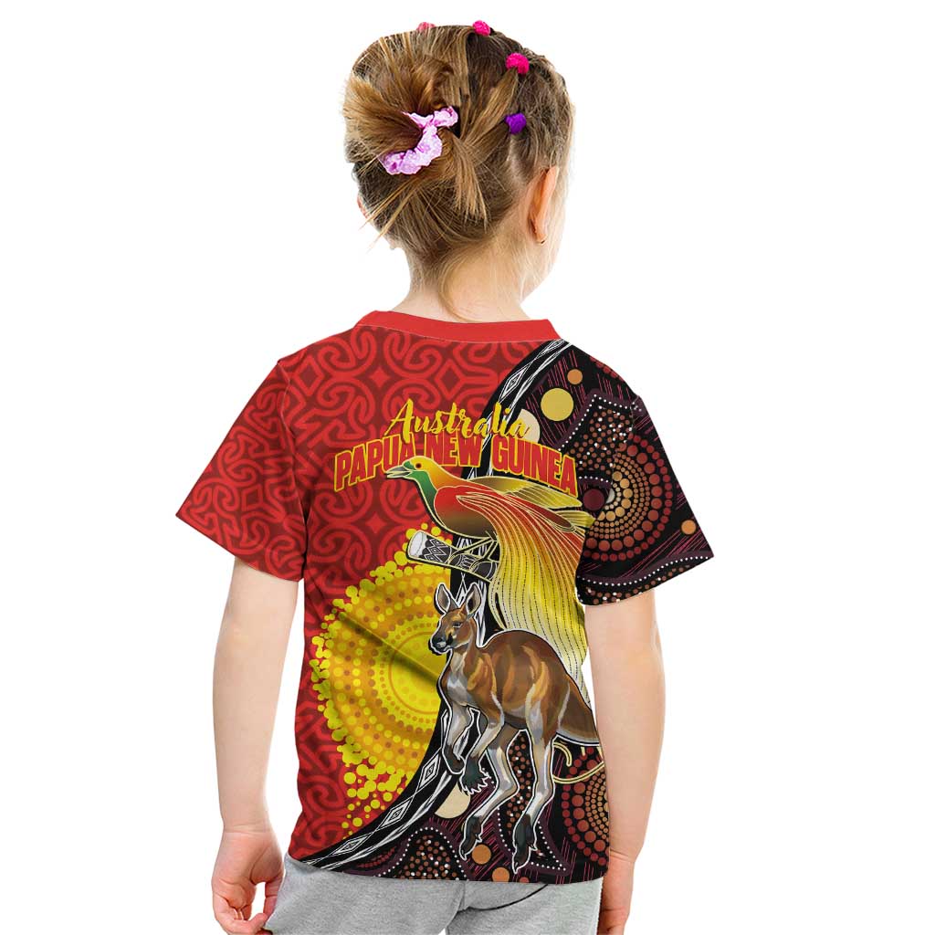 Australia and Papua New Guinea Together Kid T Shirt Bird-of-paradise and Kangaroo with Oro Tapa and Aboriginal Art Motifs - Polynesian Pride