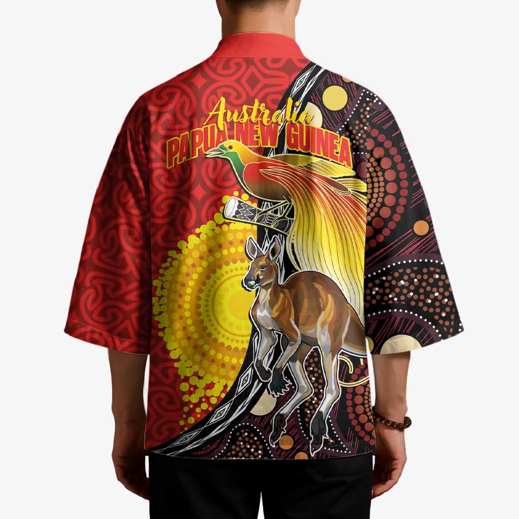 Australia and Papua New Guinea Together Kimono Bird-of-paradise and Kangaroo with Oro Tapa and Aboriginal Art Motifs - Polynesian Pride