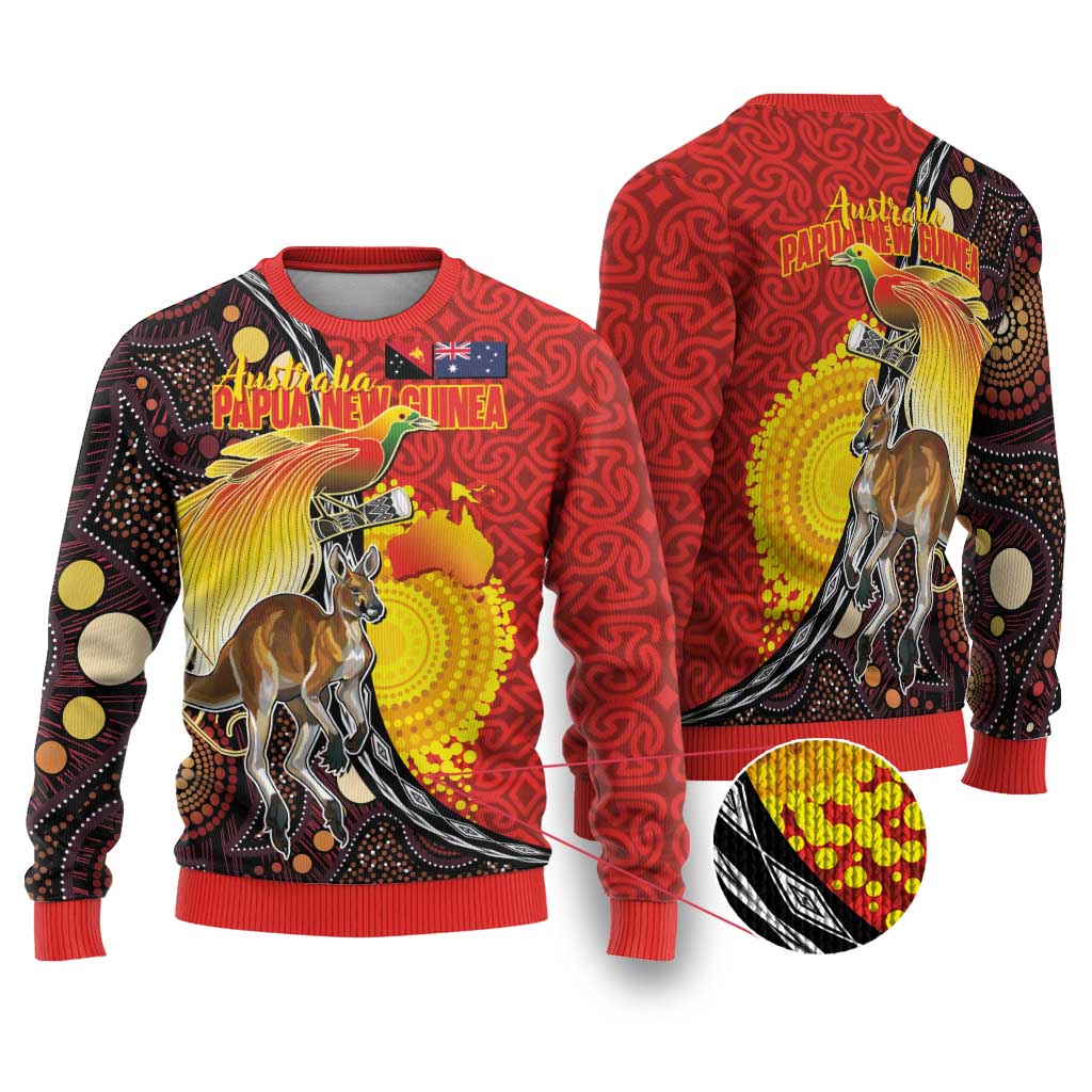 Australia and Papua New Guinea Together Ugly Christmas Sweater Bird-of-paradise and Kangaroo with Oro Tapa and Aboriginal Art Motifs - Polynesian Pride