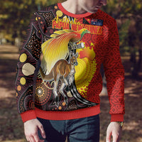 Australia and Papua New Guinea Together Ugly Christmas Sweater Bird-of-paradise and Kangaroo with Oro Tapa and Aboriginal Art Motifs - Polynesian Pride
