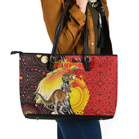 Australia and Papua New Guinea Together Leather Tote Bag Bird-of-paradise and Kangaroo with Oro Tapa and Aboriginal Art Motifs - Polynesian Pride