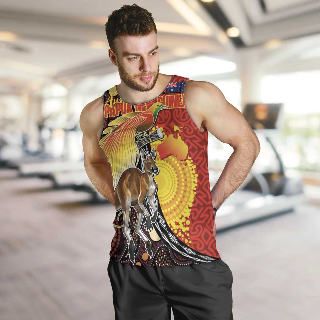 Australia and Papua New Guinea Together Men Tank Top Bird-of-paradise and Kangaroo with Oro Tapa and Aboriginal Art Motifs LT03 Black - Polynesian Pride