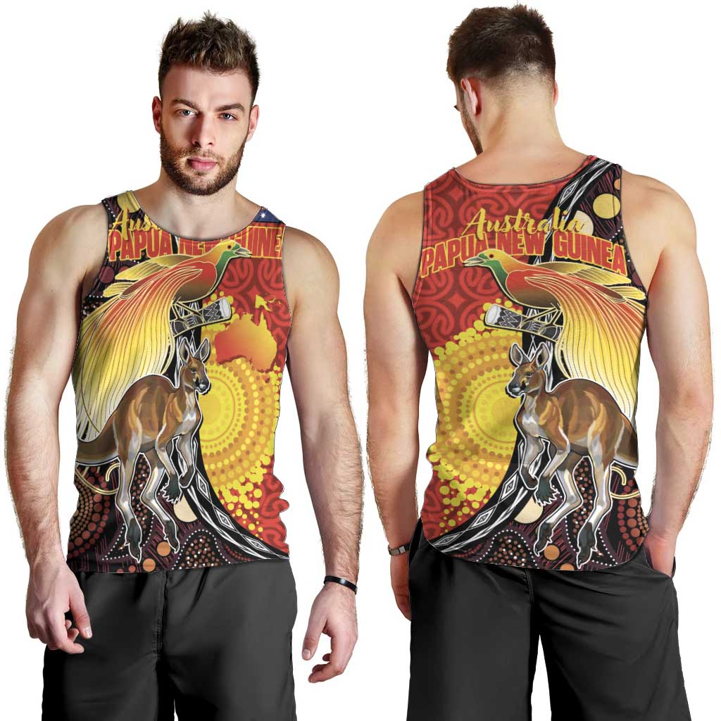 Australia and Papua New Guinea Together Men Tank Top Bird-of-paradise and Kangaroo with Oro Tapa and Aboriginal Art Motifs LT03 - Polynesian Pride